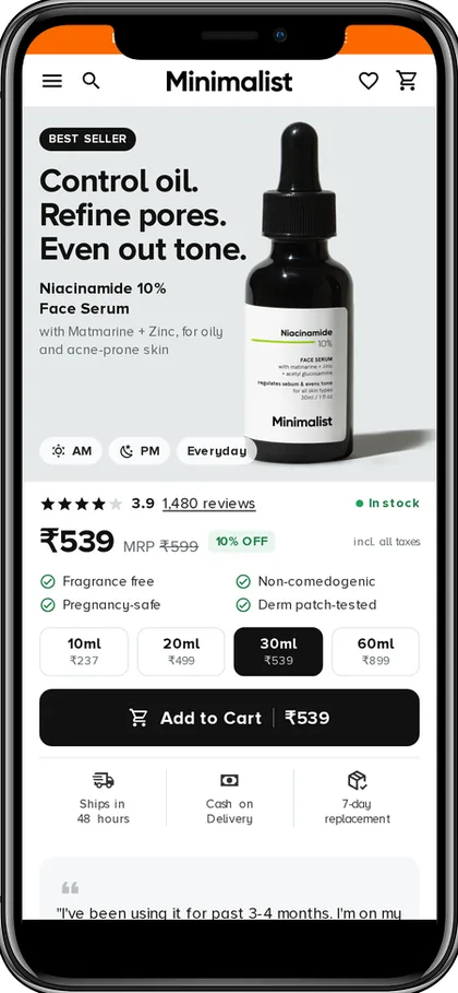 Skincare serum product page, first screen